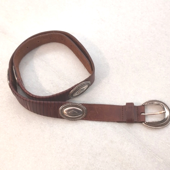 Vintage Fossil Brown leather belt with silvertone conchos & buckle size L - Picture 1 of 5